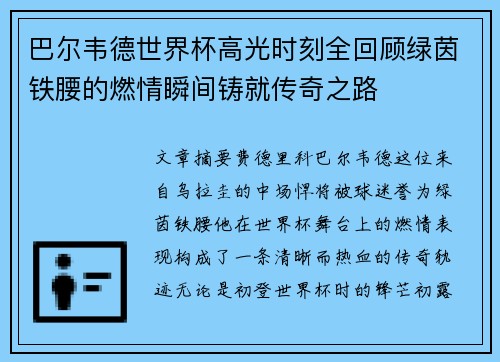 巴尔韦德世界杯高光时刻全回顾绿茵铁腰的燃情瞬间铸就传奇之路
